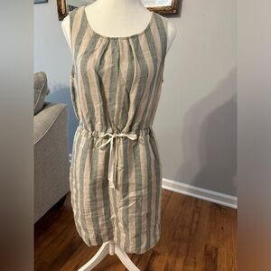 COMME TOI OLIVE AND CREAM 100% LINEN STRIPE PAPER BAG DRESS - Size Small SKU:475